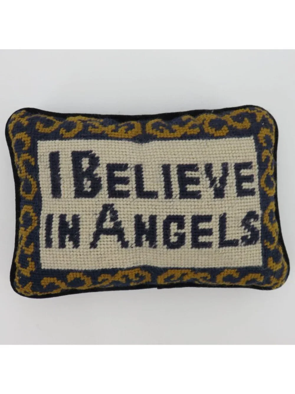 I Believe in Angels Wool Needlepoint Gold Scroll Blue Velvet Throw Pillow VTG